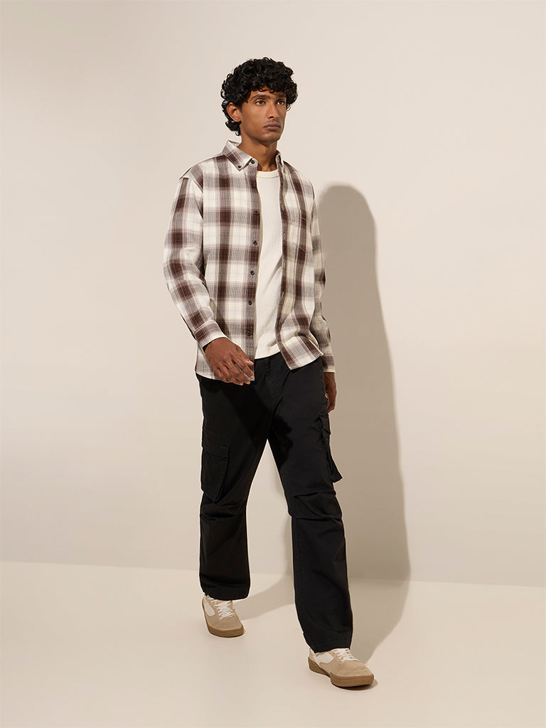 WES Casuals Brown Checks Printed Relaxed-Fit Cotton Shirt