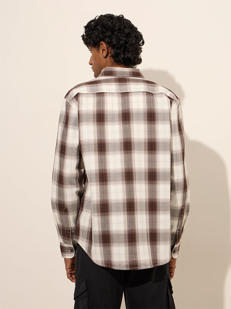 WES Casuals Brown Checks Printed Relaxed-Fit Cotton Shirt