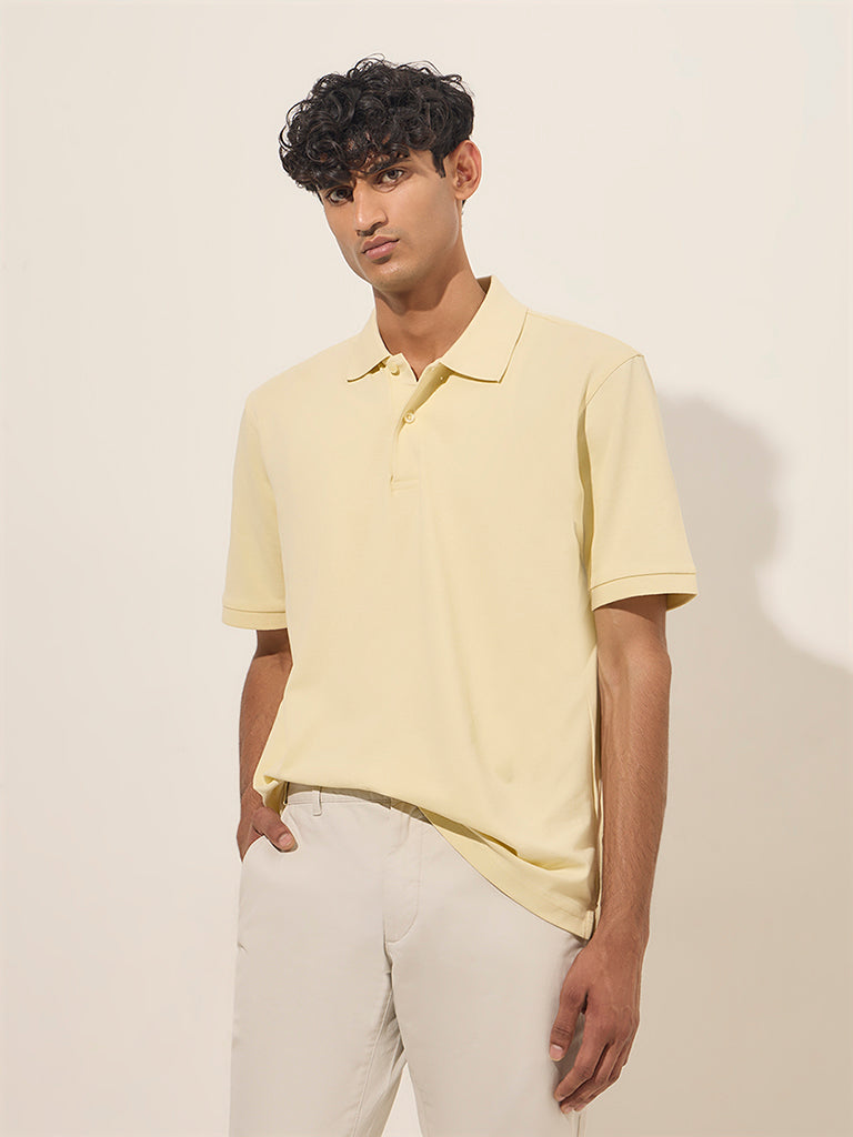 WES Casuals Light Yellow Relaxed-Fit Cotton-Blend Polo T-Shirt