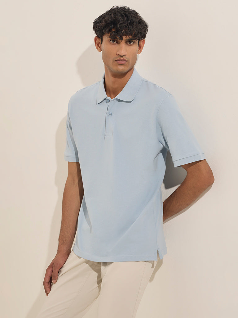 WES Casuals Blue Relaxed-Fit Cotton-Blend Polo T-Shirt