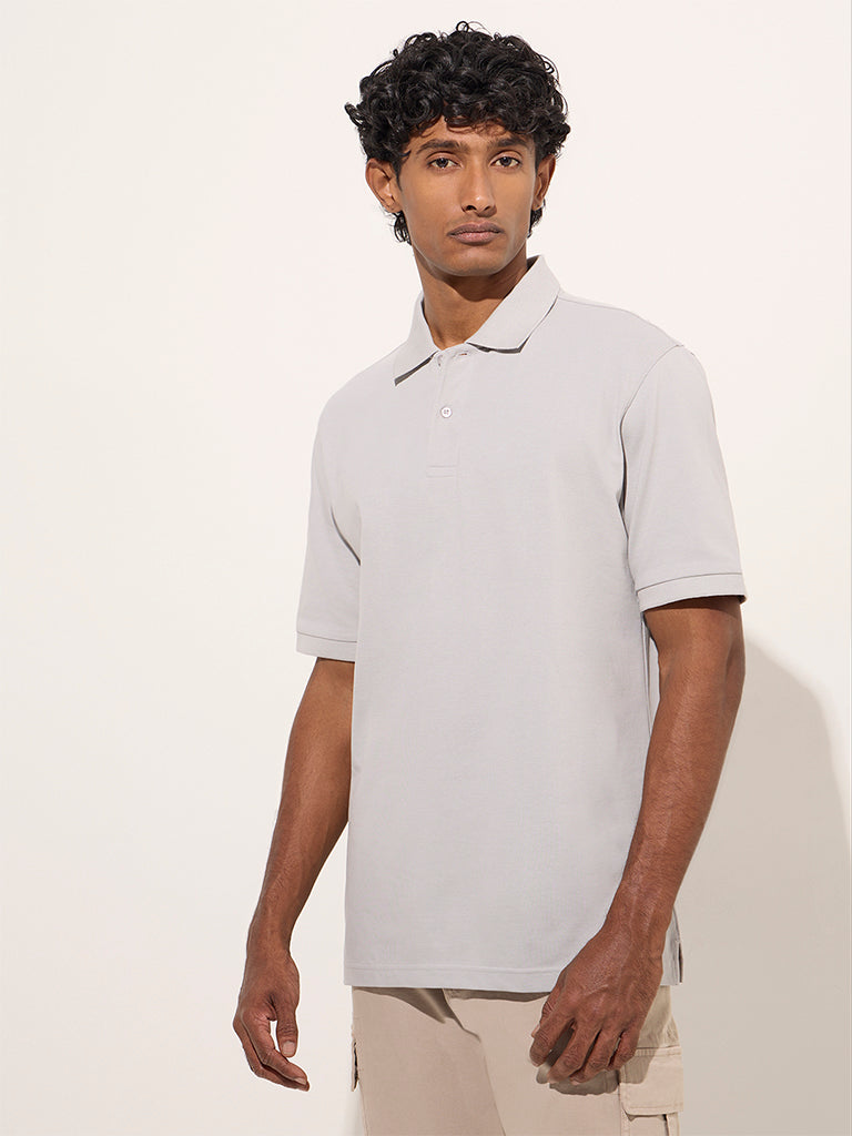 WES Casuals Grey Relaxed-Fit Cotton-Blend Polo T-Shirt