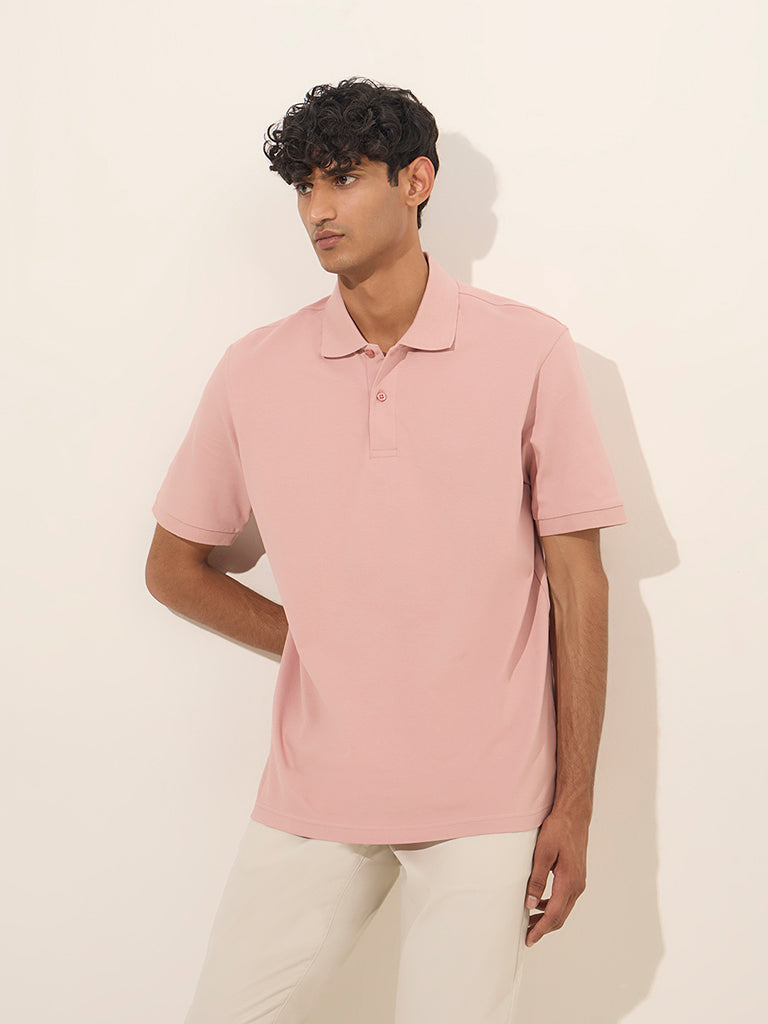 WES Casuals Light Pink Relaxed-Fit Cotton-Blend Polo T-Shirt