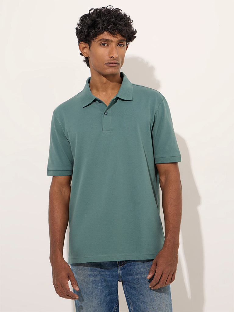 WES Casuals Teal Relaxed-Fit Cotton-Blend Polo T-Shirt