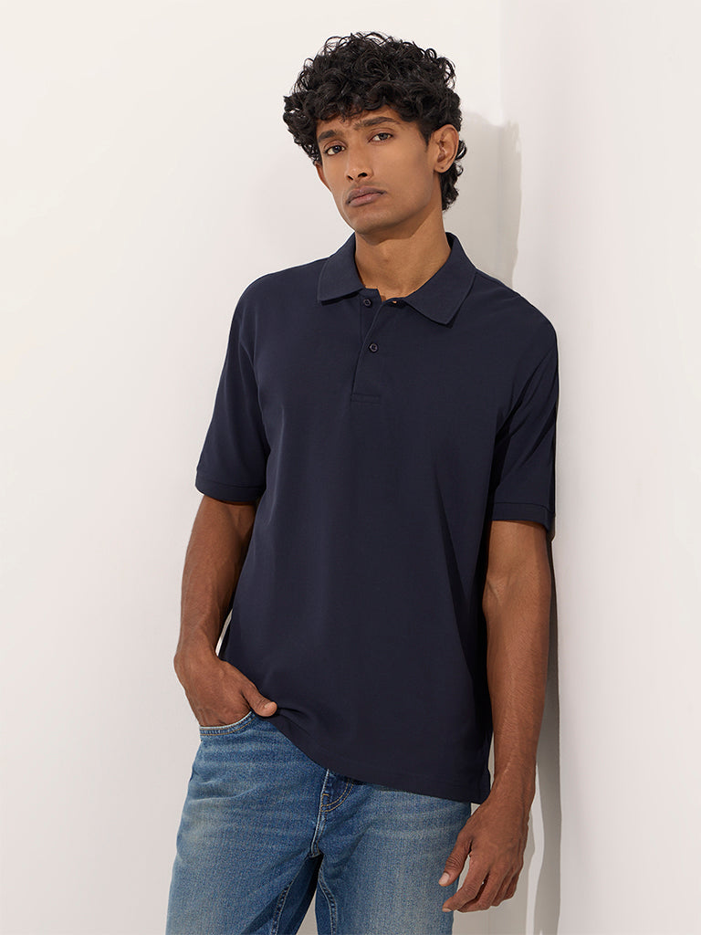 WES Casuals Navy Relaxed-Fit Cotton-Blend Polo T-Shirt