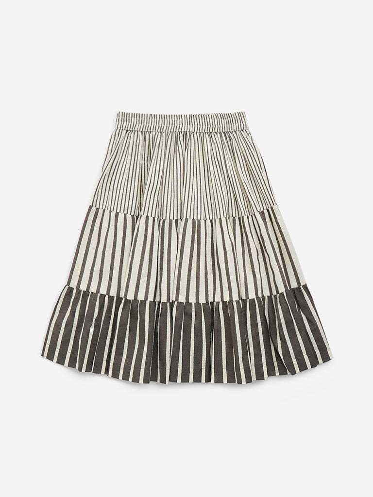 Utsa Kids Off-White Striped Cotton-Blend Skirt