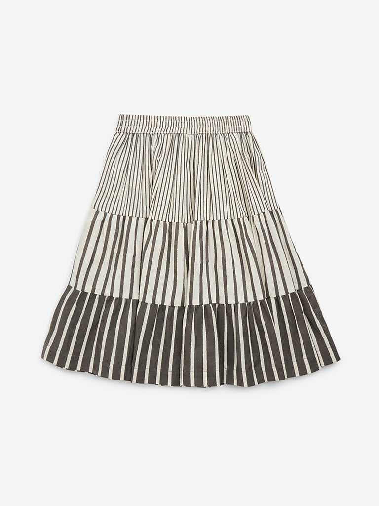 Utsa Kids Off-White Striped Cotton-Blend Skirt