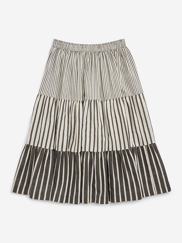 Utsa Kids Off-White Striped High-Rise Cotton-Blend Skirt - (8-14yrs)