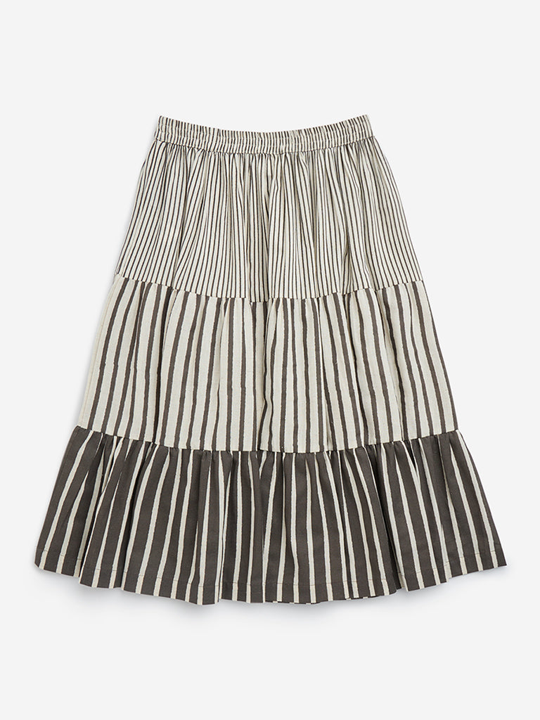 Utsa Kids Off-White Striped High-Rise Cotton-Blend Skirt - (8-14yrs)