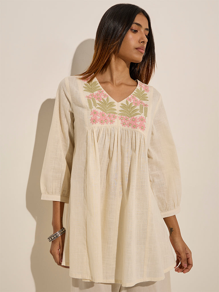 Utsa Cream Floral Embroidered A-Line Cotton Kurti