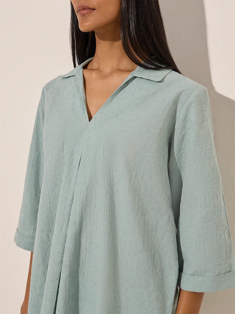 Utsa Dusty Blue Embroidered Cotton Tunic