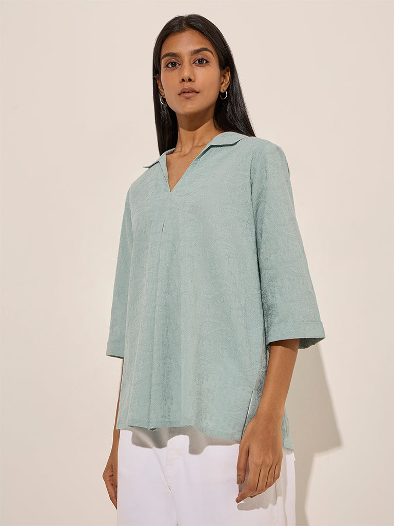 Utsa Dusty Blue Embroidered Cotton Tunic