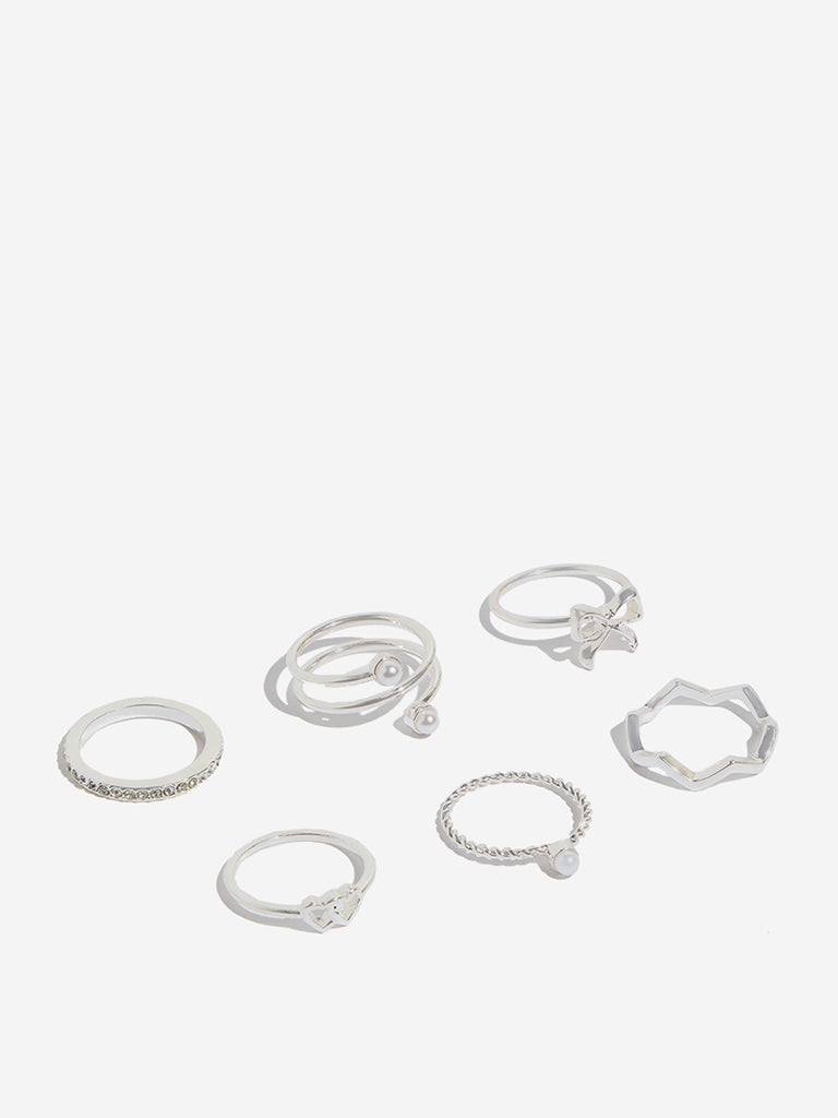 Westside Accessories Silver Studded and Bow Motif Rings Set - Pack of 6