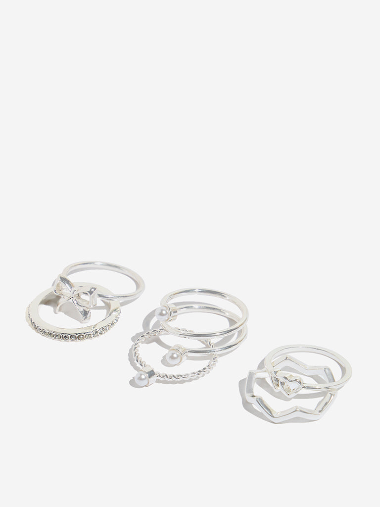 Westside Accessories Silver Studded and Bow Motif Rings Set - Pack of 6