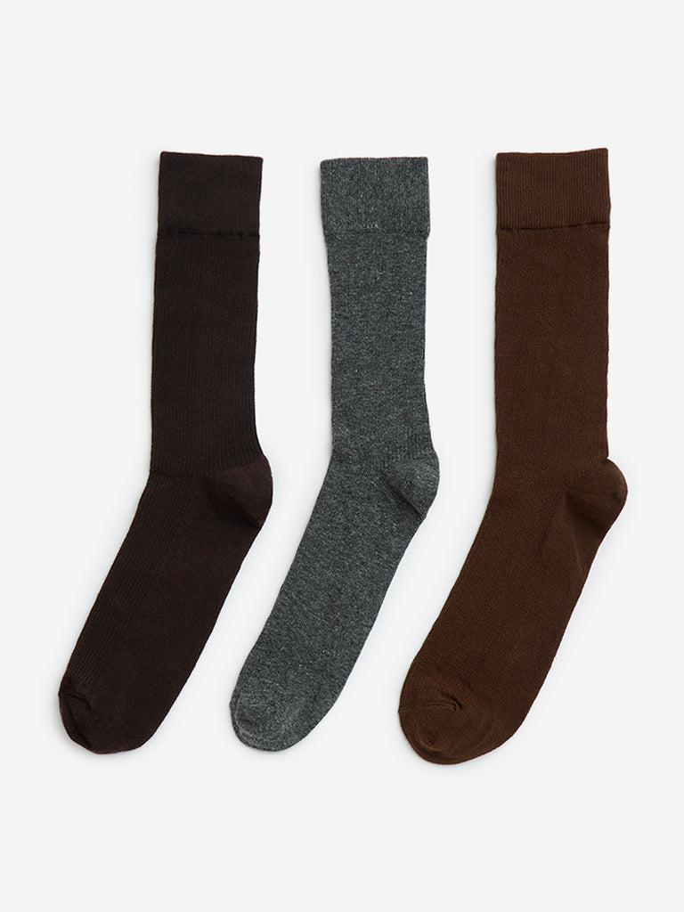 WES Lounge Brown Cotton-Blend Full-Length Socks - Pack of 3