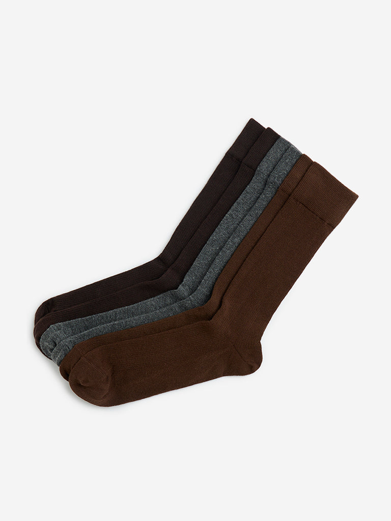 WES Lounge Brown Cotton-Blend Full-Length Socks - Pack of 3