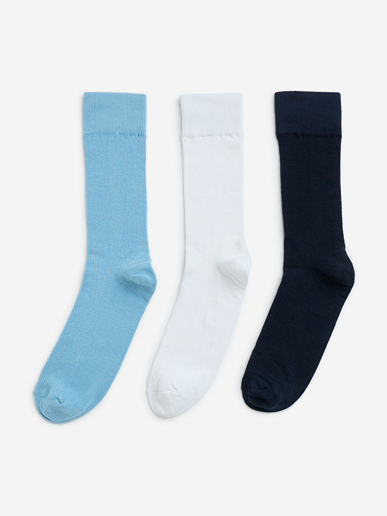 WES Lounge Blue Cotton-Blend Full-Length Socks - Pack of 3