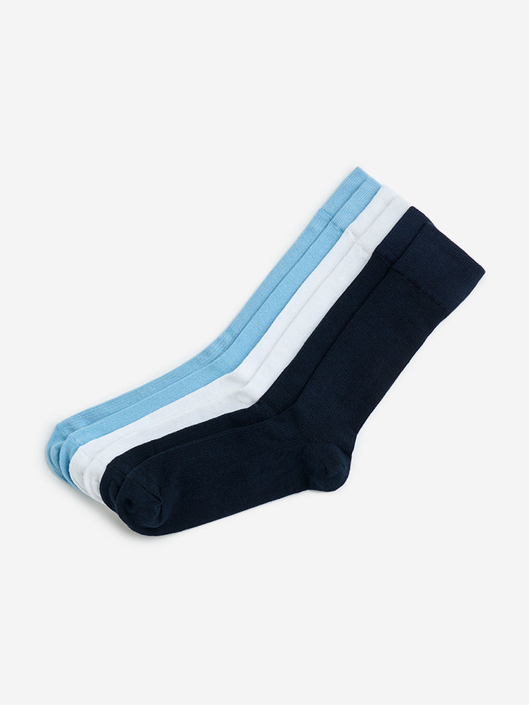 WES Lounge Blue Cotton-Blend Full-Length Socks - Pack of 3