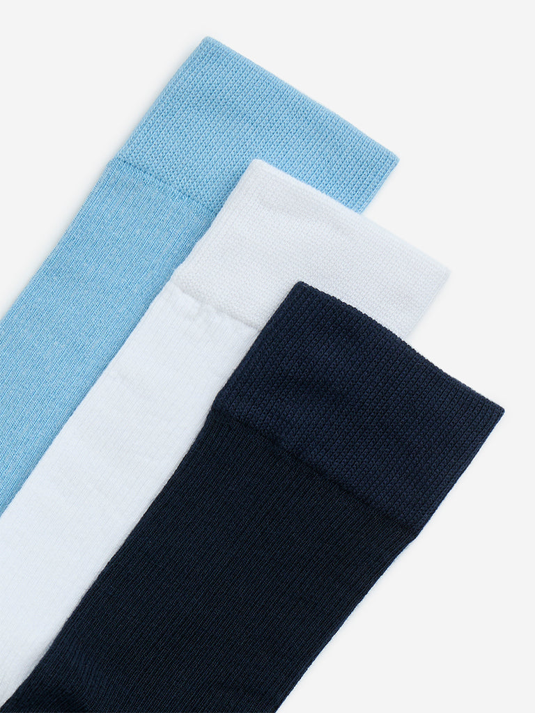 WES Lounge Blue Cotton-Blend Full-Length Socks - Pack of 3