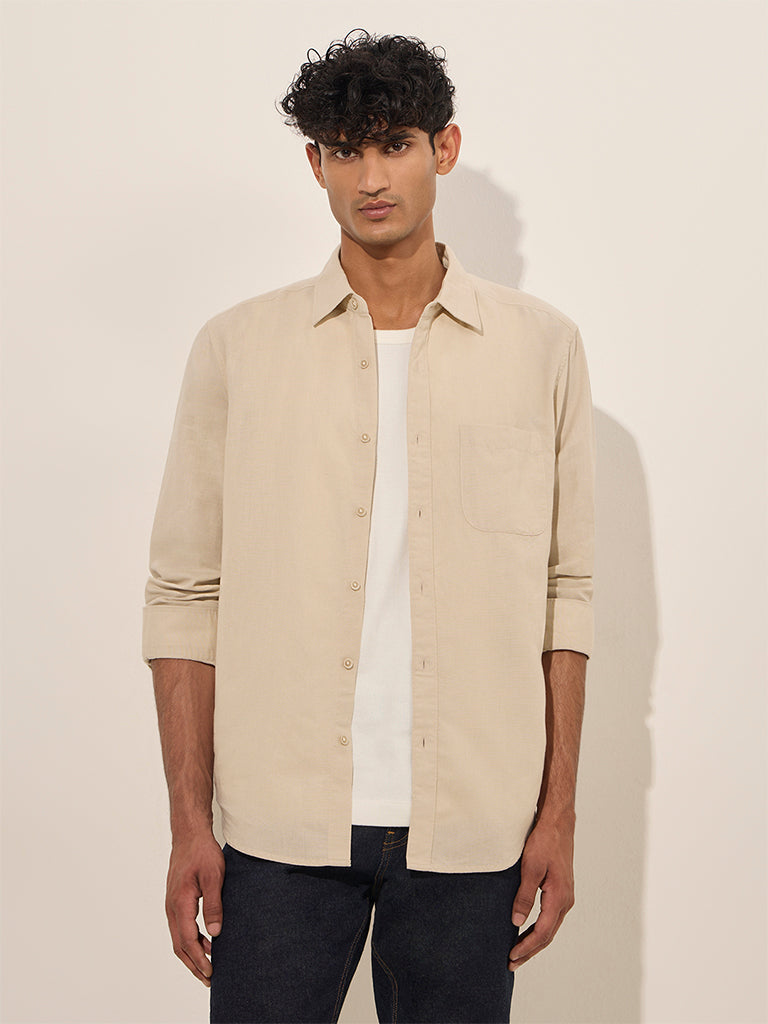 WES Casuals Beige Solid Relaxed-Fit Cotton Shirt