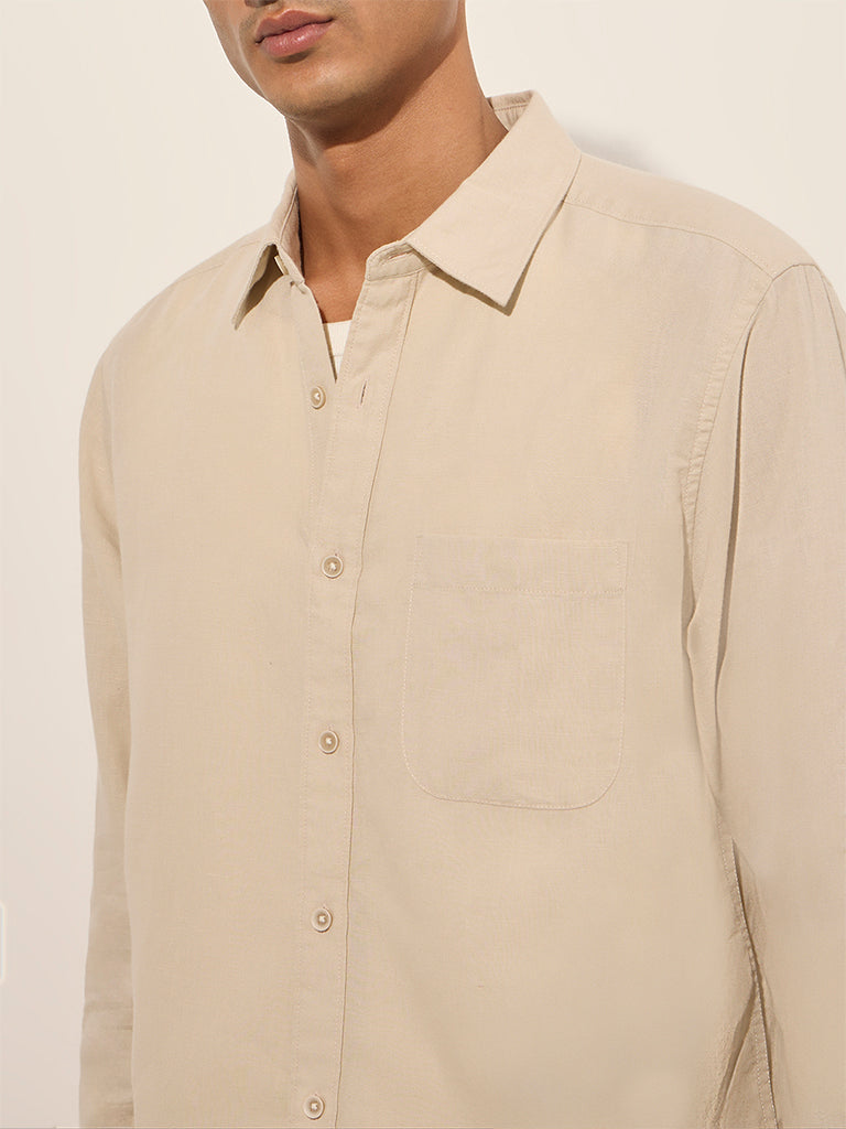 WES Casuals Beige Solid Relaxed-Fit Cotton Shirt