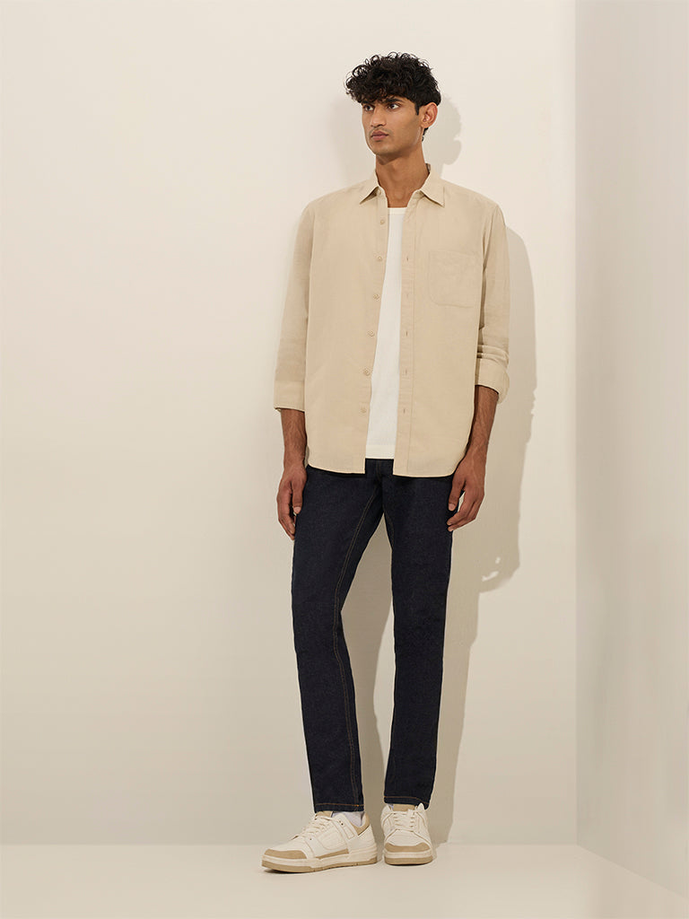 WES Casuals Beige Solid Relaxed-Fit Cotton Shirt