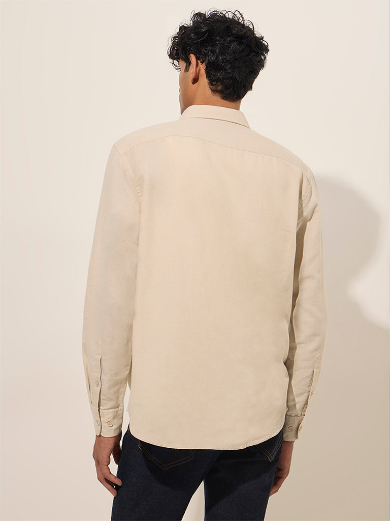 WES Casuals Beige Solid Relaxed-Fit Cotton Shirt