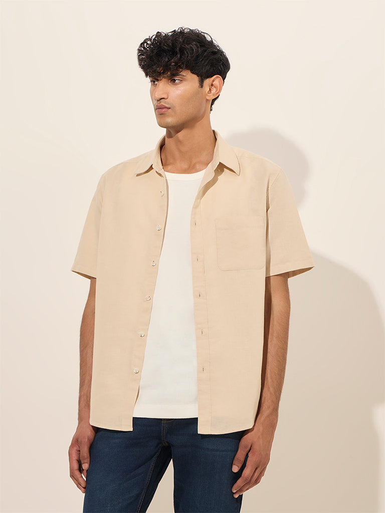 WES Casuals Beige Solid Relaxed-Fit Cotton-Blend Shirt