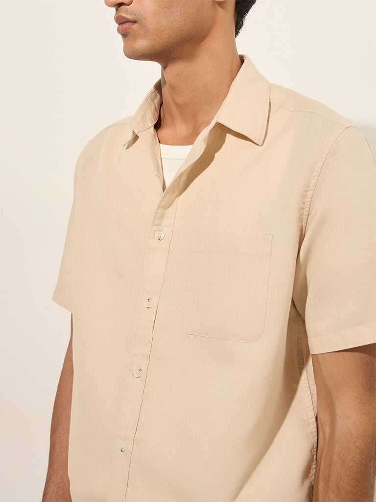 WES Casuals Beige Solid Relaxed-Fit Cotton-Blend Shirt