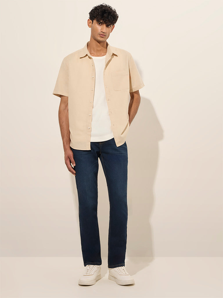 WES Casuals Beige Solid Relaxed-Fit Cotton-Blend Shirt