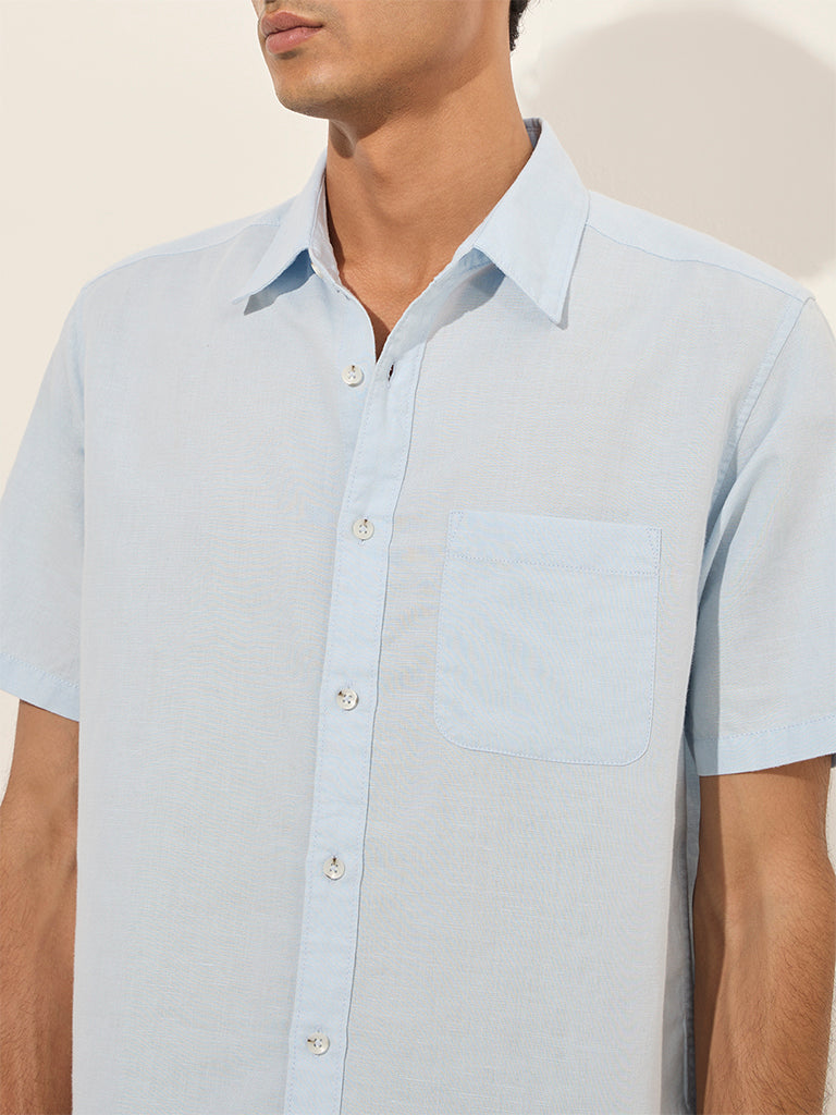 WES Casuals Light Blue Solid Relaxed-Fit Blended Linen Shirt