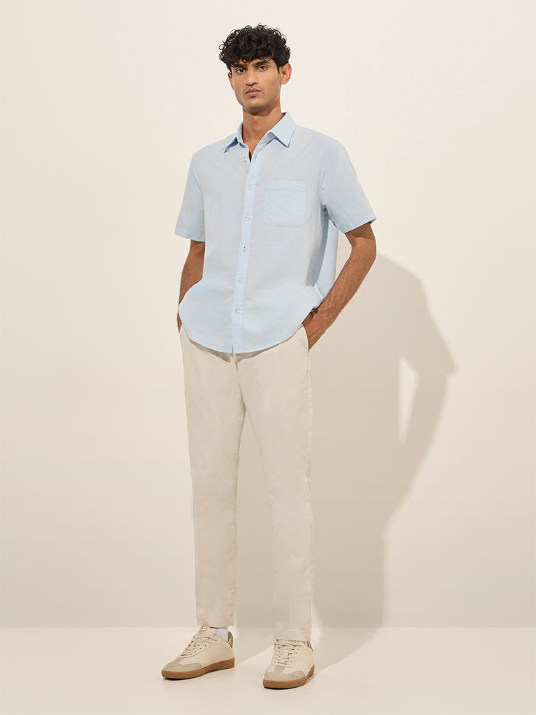 WES Casuals Light Blue Solid Relaxed-Fit Blended Linen Shirt