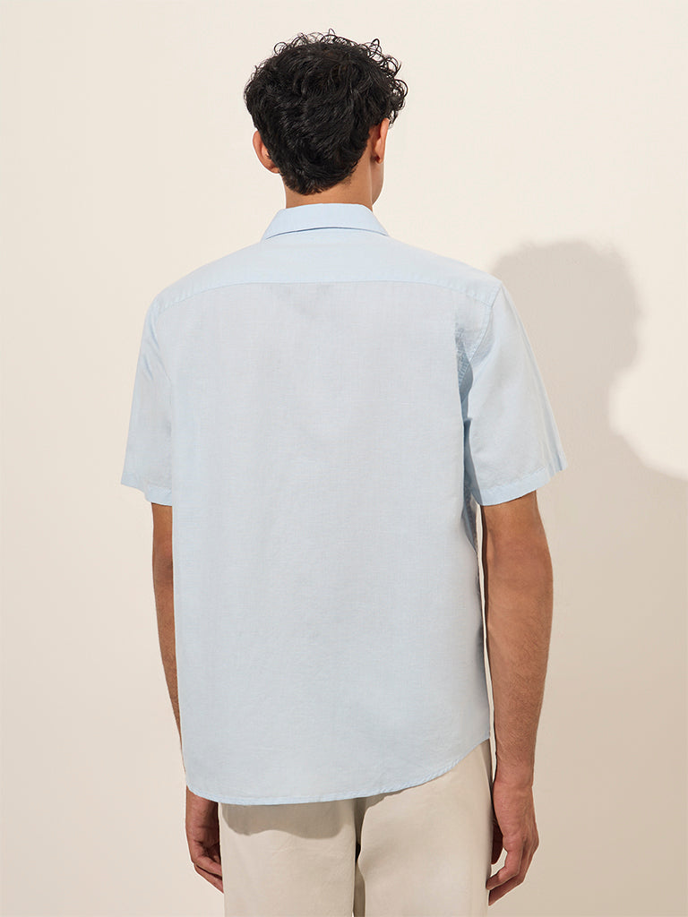 WES Casuals Light Blue Solid Relaxed-Fit Blended Linen Shirt