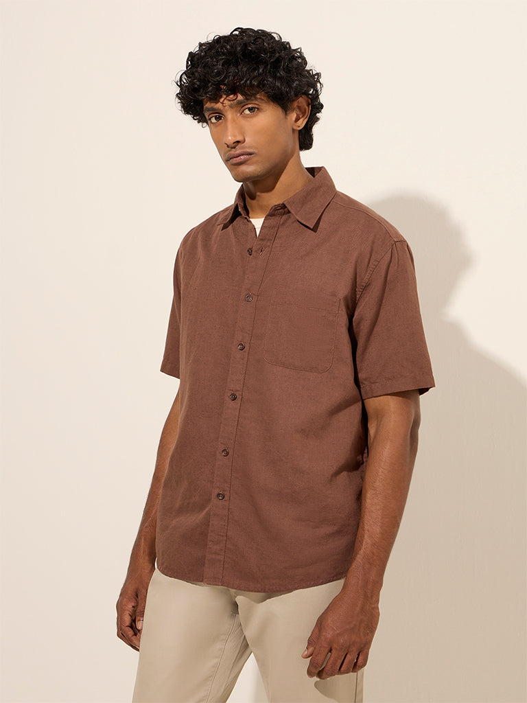 WES Casuals Brown Relaxed-Fit Linen-Blend Shirt