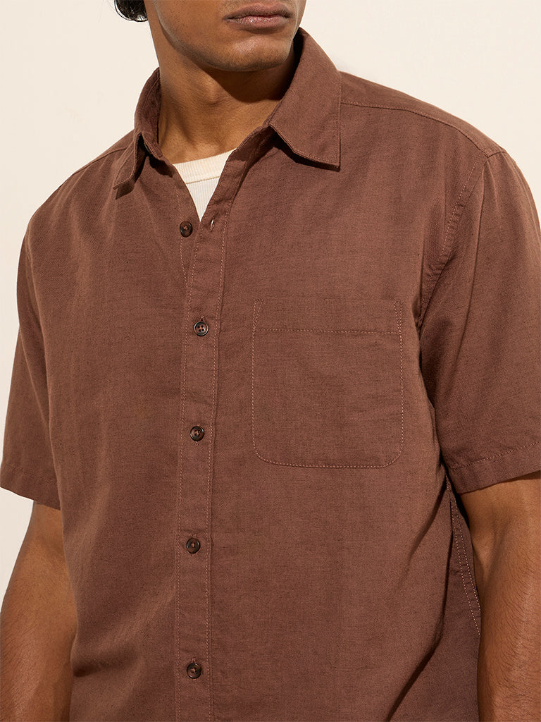 WES Casuals Brown Relaxed-Fit Linen-Blend Shirt