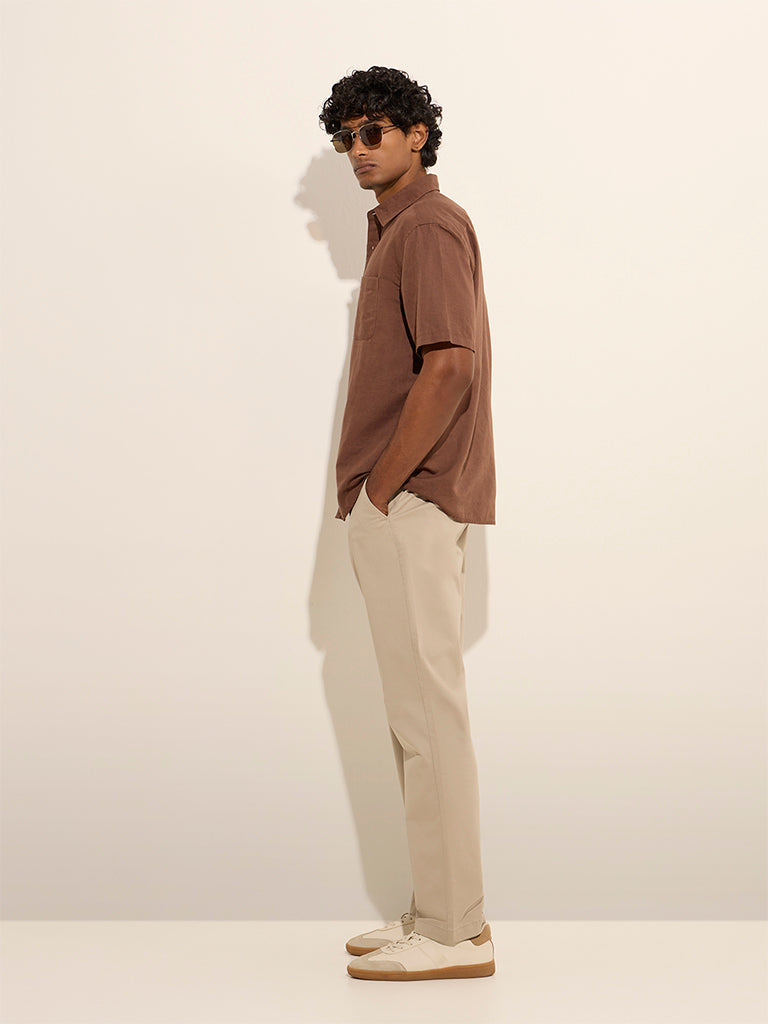 WES Casuals Brown Relaxed-Fit Linen-Blend Shirt