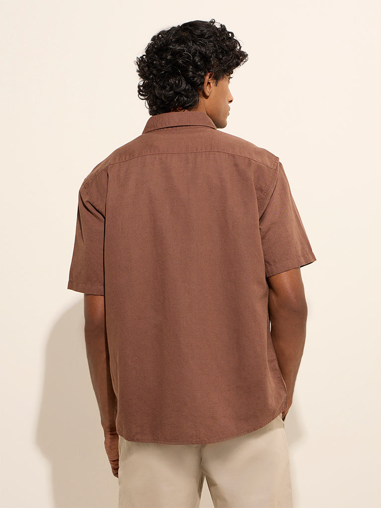 WES Casuals Brown Relaxed-Fit Linen-Blend Shirt