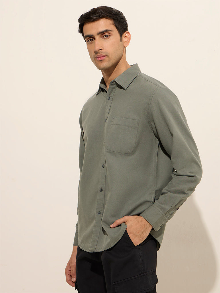 WES Casuals Olive Relaxed-Fit Linen-Blend Shirt