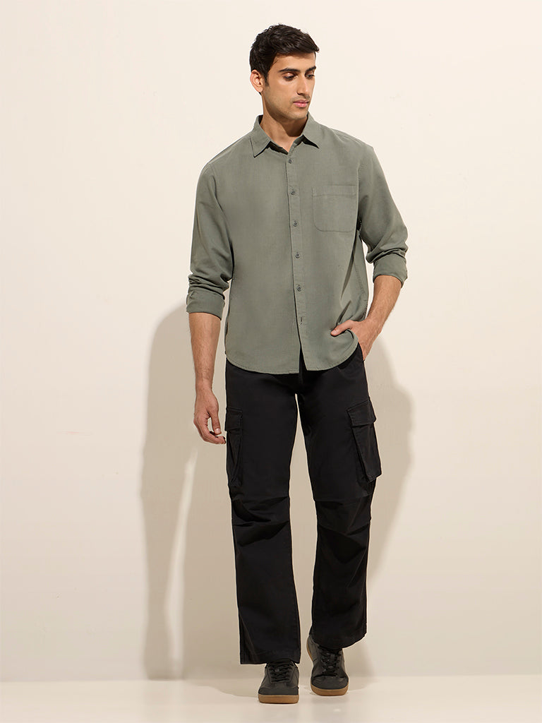 WES Casuals Olive Relaxed-Fit Linen-Blend Shirt