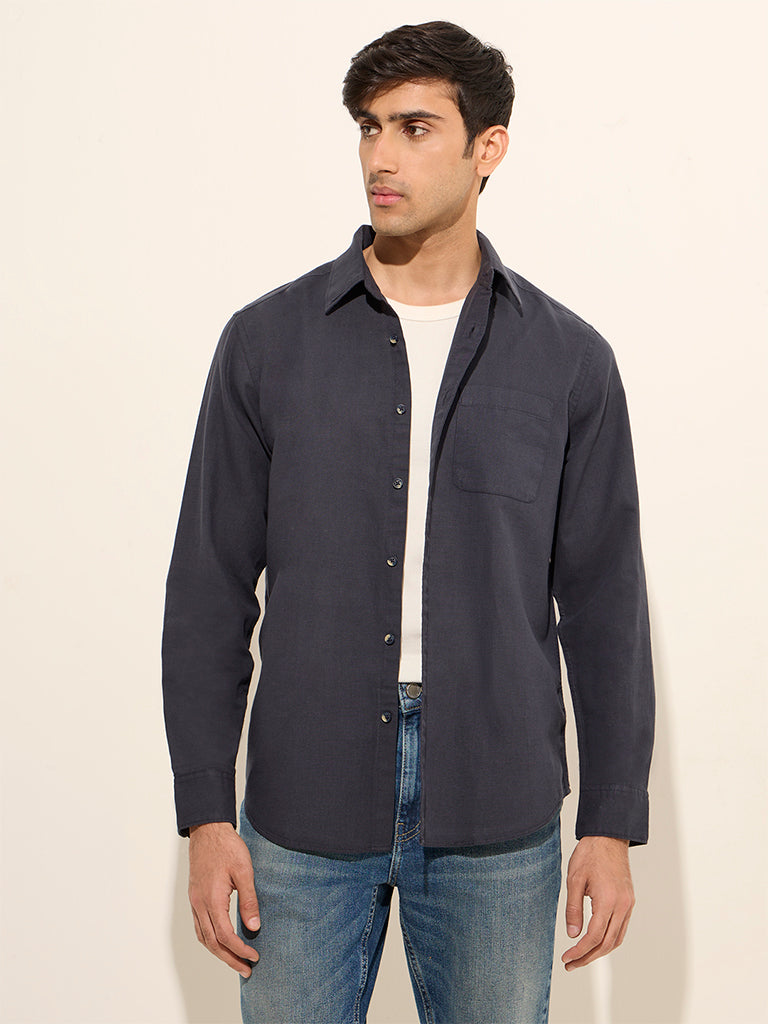 WES Casuals Blue Relaxed-Fit Linen Blend Shirt