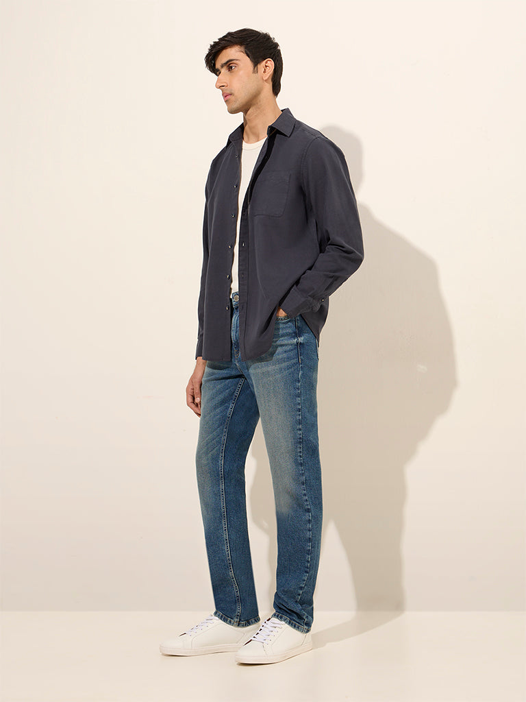 WES Casuals Blue Relaxed-Fit Linen Blend Shirt