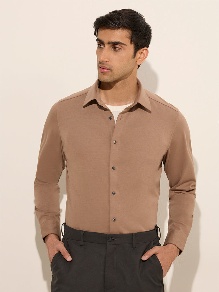 WES Formals Brown Slim-Fit Shirt