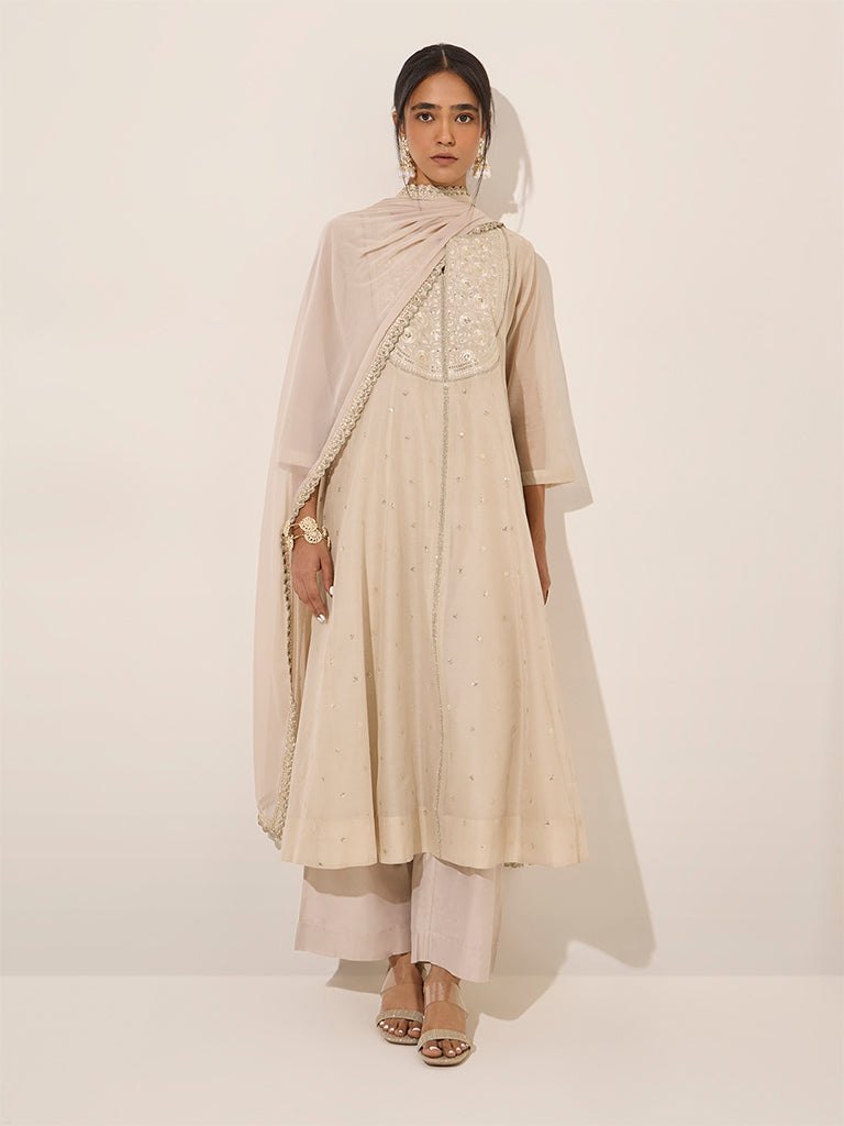 Vark Off-White Embellished Cotton-Blend A-Line Kurta, Palazzos and Dupatta Set