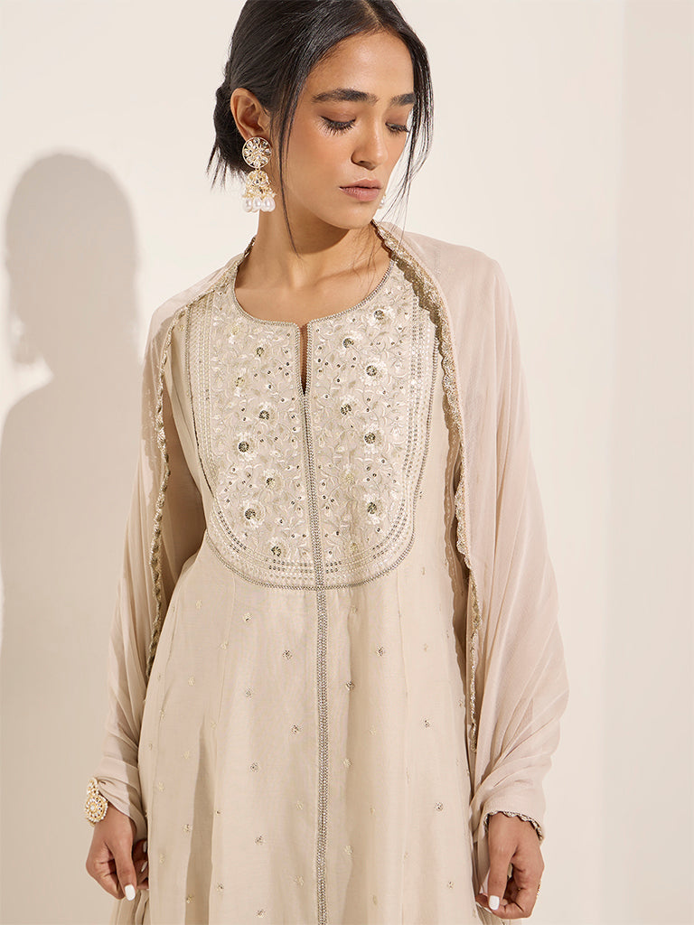 Vark Off-White Embellished Cotton-Blend A-Line Kurta, Palazzos and Dupatta Set