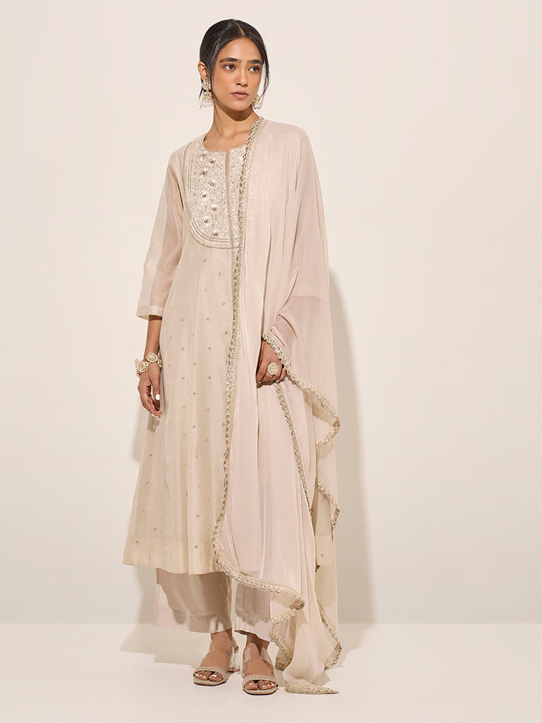 Vark Off-White Embellished Cotton-Blend A-Line Kurta, Palazzos and Dupatta Set