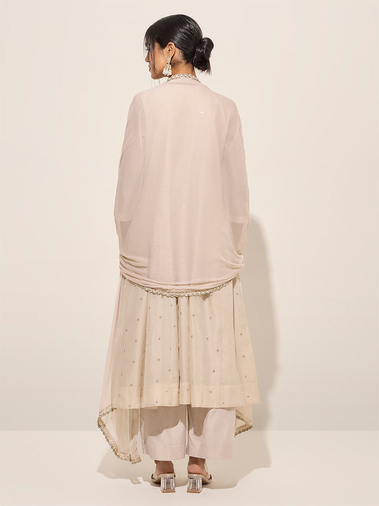 Vark Off-White Embellished Cotton-Blend A-Line Kurta, Palazzos and Dupatta Set