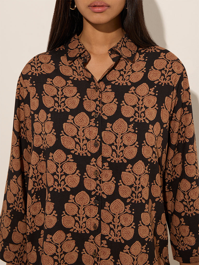 Utsa Black Foliage Printed Straight Tunic