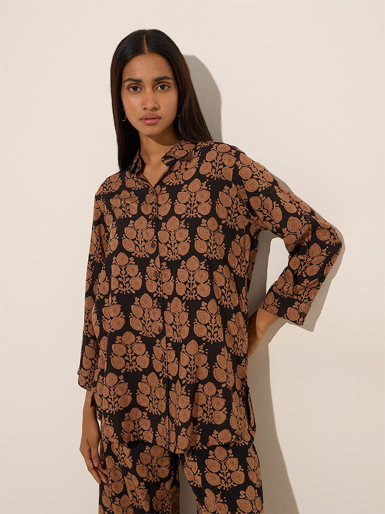 Utsa Black Foliage Printed Straight Tunic