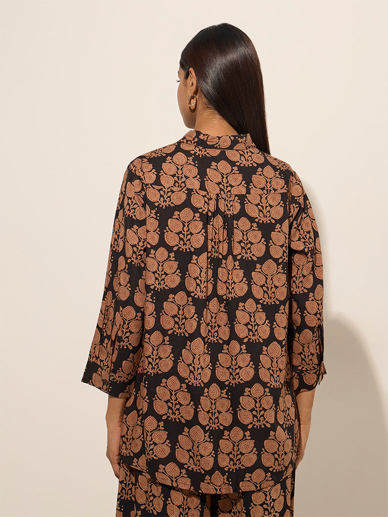 Utsa Black Foliage Printed Straight Tunic