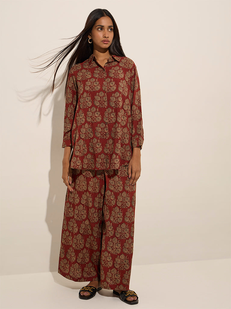 Utsa Maroon Botanical Printed Straight Tunic