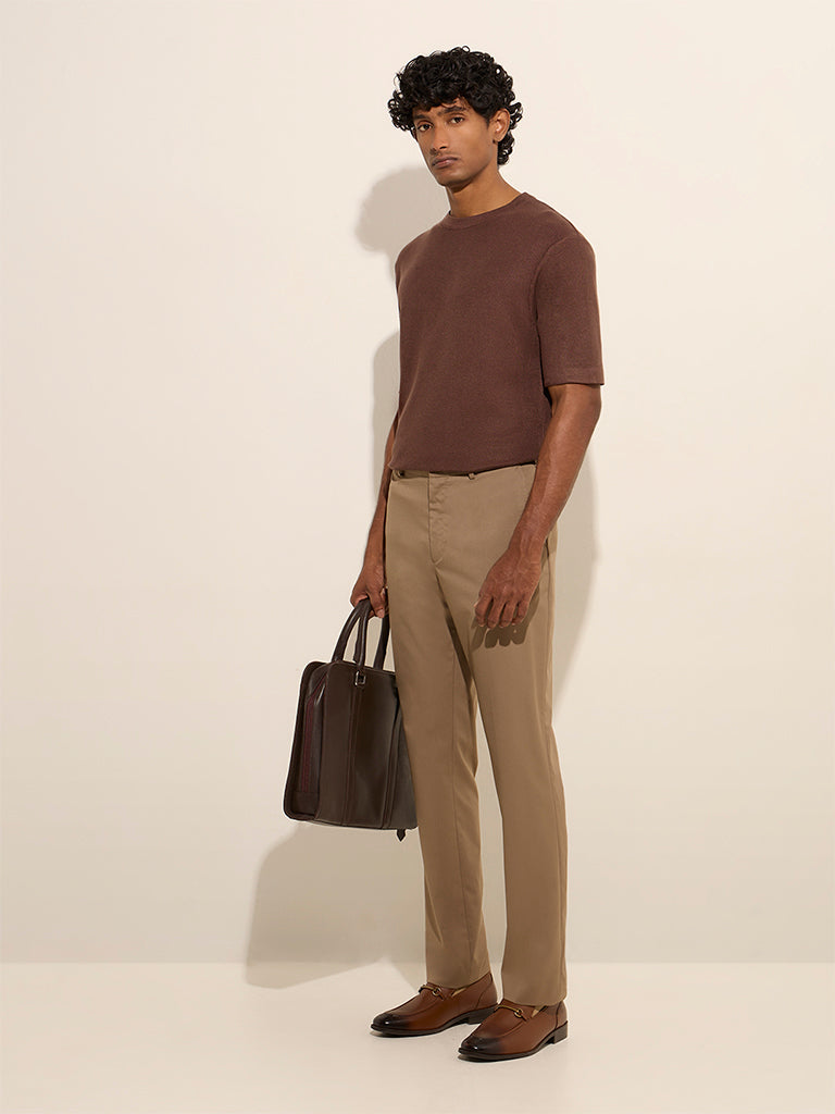 WES Formals Brown Knit-Textured Slim-Fit T-Shirt